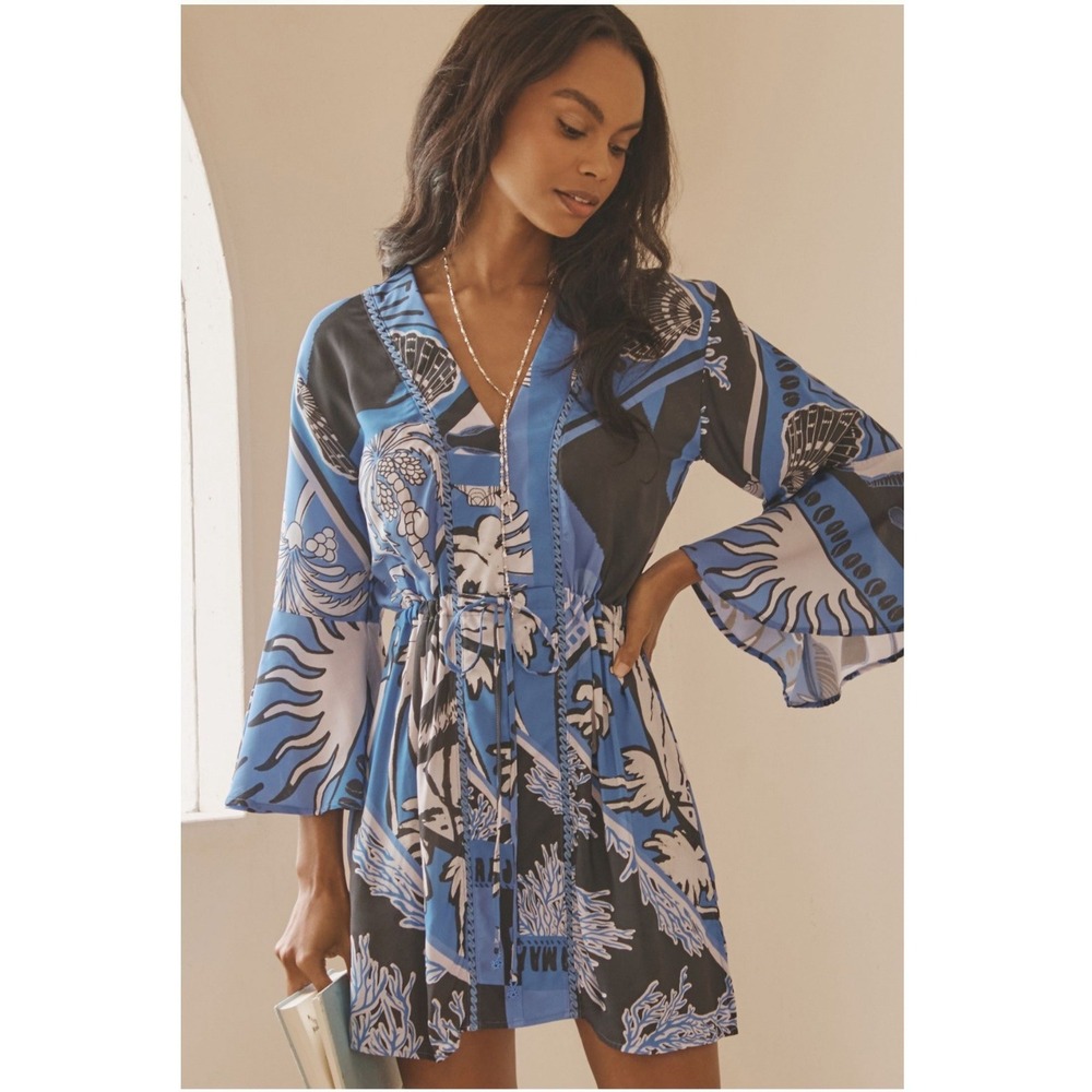Anthropologie Revolve Maaji Joyous Kaftan Blue Mini Dress Cover Up Large NWT